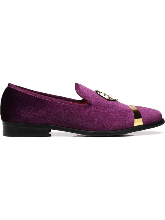 ELANROMAN Men\'s Purple Velvet Loafer Dress Gold Buckle Wedding Party Prom Shoes main image 5